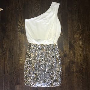 SOLD Gold/Silver/White Sequin Skirt One Shoulder Dress